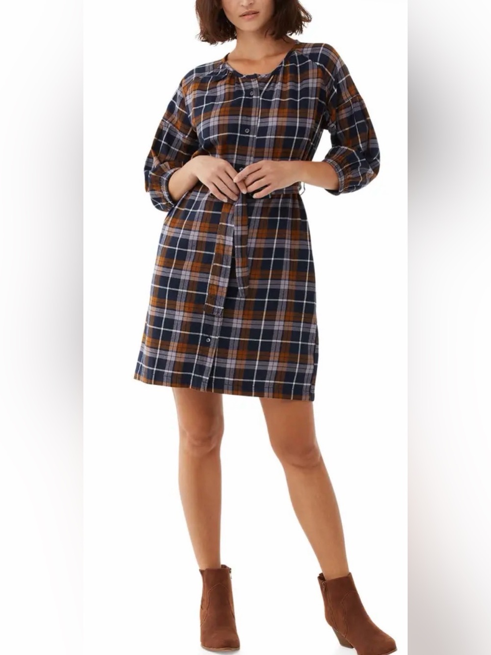 Plaid Button-Front Midi Dress with Tie Waist in Navy and Brown